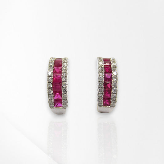 18ct White Gold Ruby & Diamond Huggie Earrings