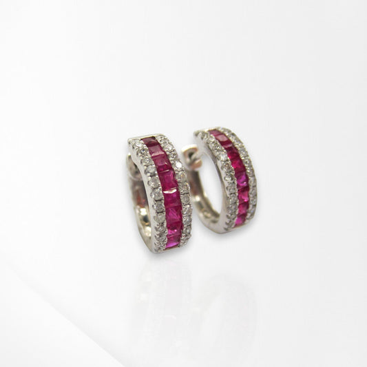 18ct White Gold Ruby & Diamond Huggie Earrings