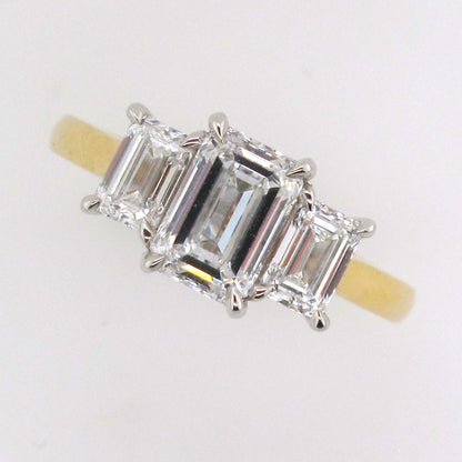 (Sold) 18ct Yellow & White Gold 4-Claw Set Emerald Cut Trilogy Lab Grown Diamond Ring