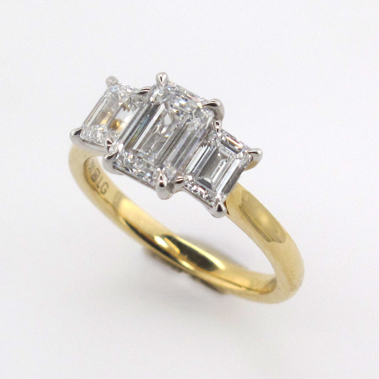 (Sold) 18ct Yellow & White Gold 4-Claw Set Emerald Cut Trilogy Lab Grown Diamond Ring