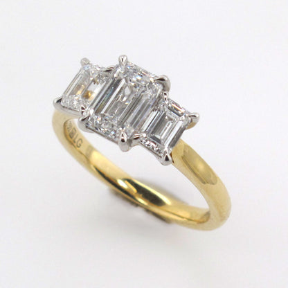 (Sold) 18ct Yellow & White Gold 4-Claw Set Emerald Cut Trilogy Lab Grown Diamond Ring