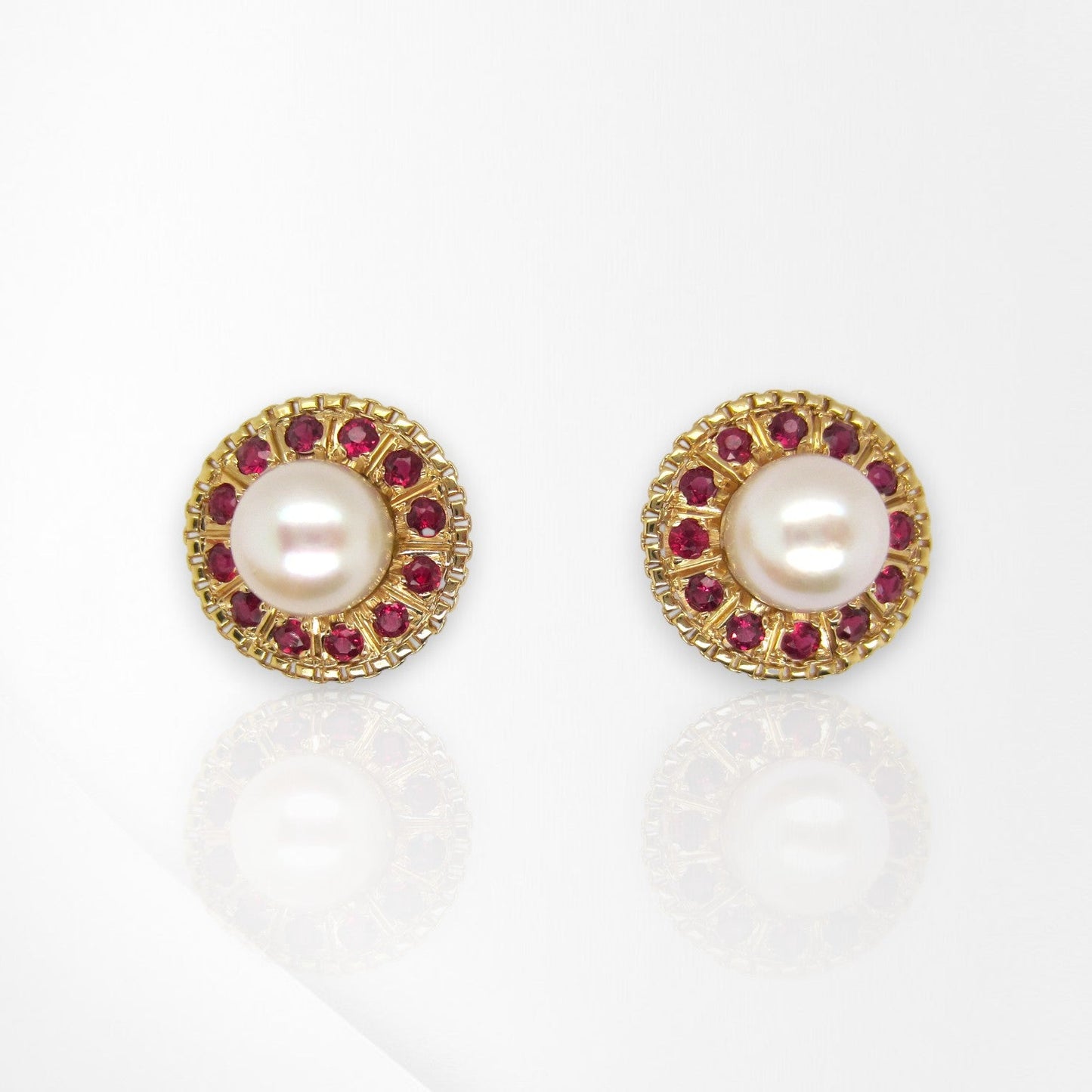 Handmade 18K Yellow Gold Akoya Pearl & Ruby Stud Earrings