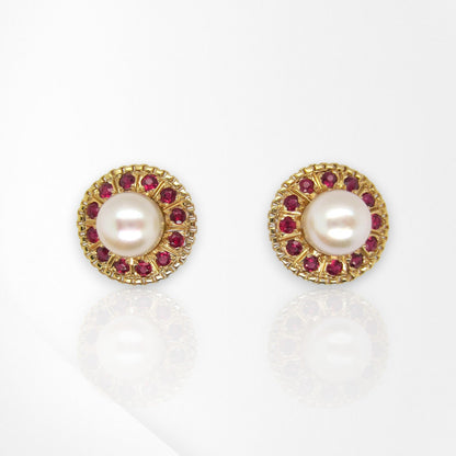 Handmade 18K Yellow Gold Akoya Pearl & Ruby Stud Earrings