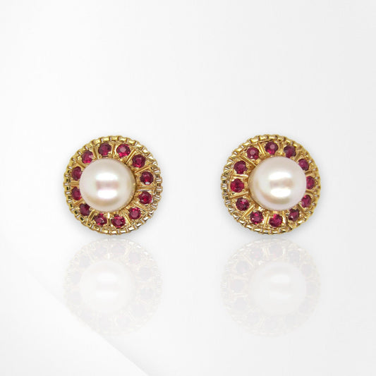 Handmade 18K Yellow Gold Akoya Pearl & Ruby Stud Earrings