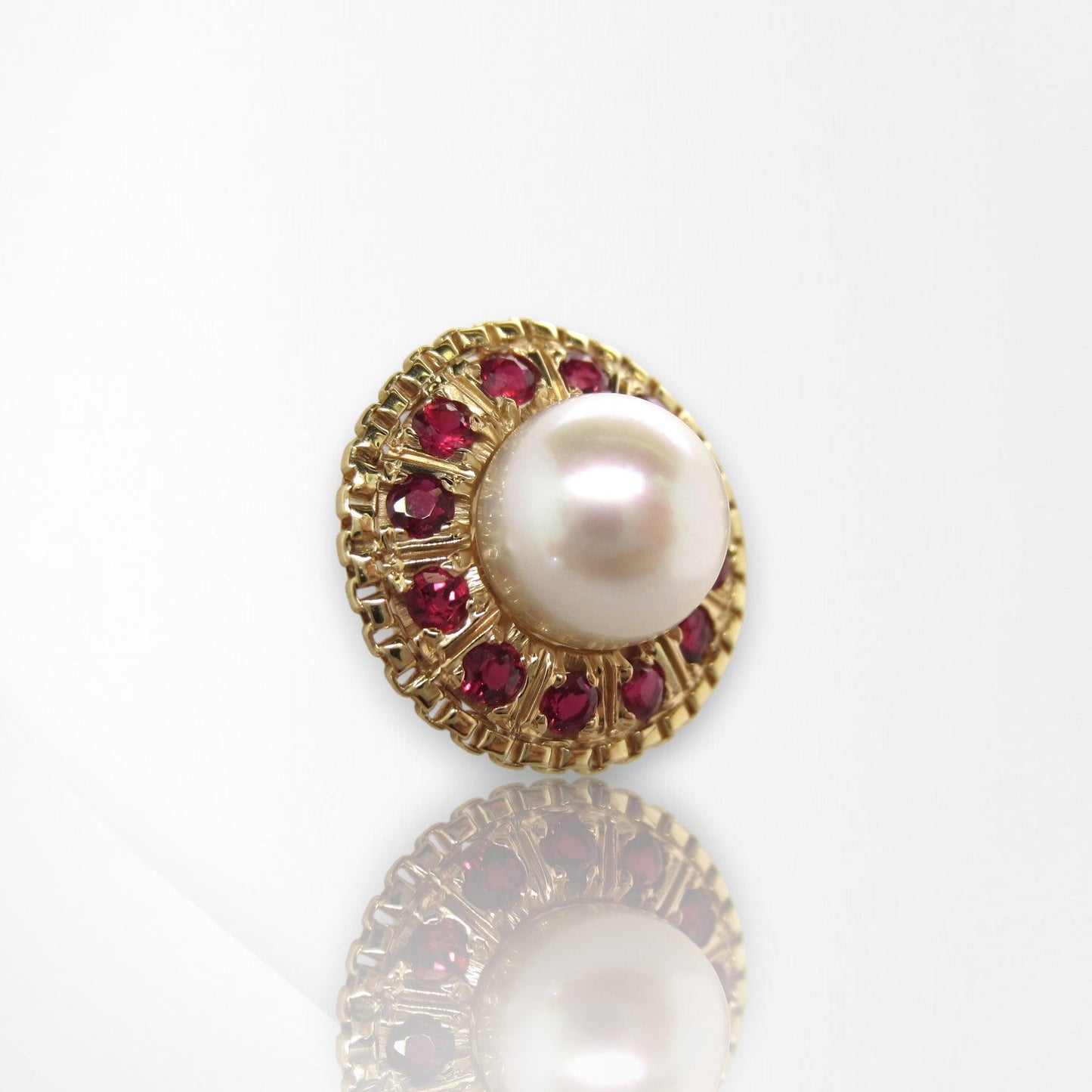 Handmade 18K Yellow Gold Akoya Pearl & Ruby Stud Earrings