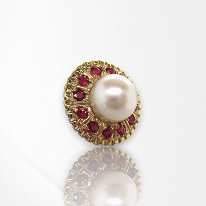 Handmade 18K Yellow Gold Akoya Pearl & Ruby Stud Earrings