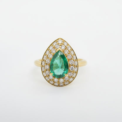 18ct Yellow Gold Pear Shape Emerald & Diamond Ring
