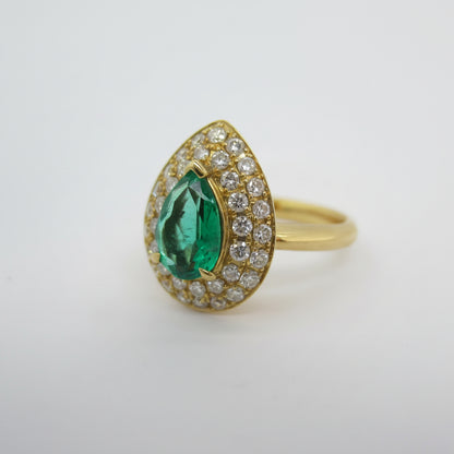 18ct Yellow Gold Pear Shape Emerald & Diamond Ring